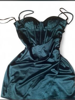 Elegant Teal Satin Bustier Dress - Women's Evening Dress